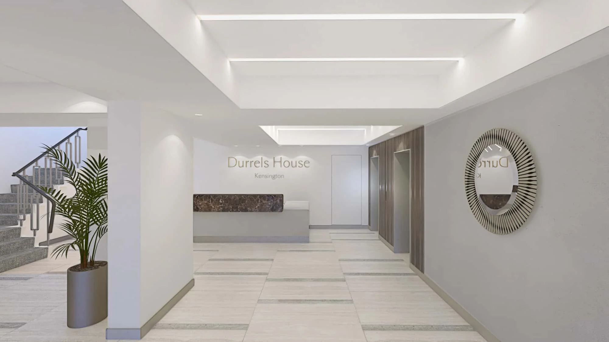 Modern, minimalist reception area featuring sleek white walls, elegant marble accents, and contemporary decor, creating a welcoming atmosphere at Durrels House Kensington.